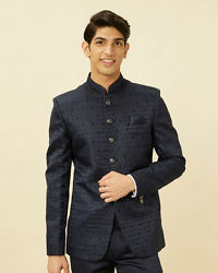 Manyavar Men Sapphire Blue Ogee Patterned Suit