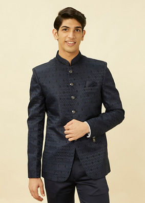 alt message - Manyavar Men Sapphire Blue Ogee Patterned Suit image number 0