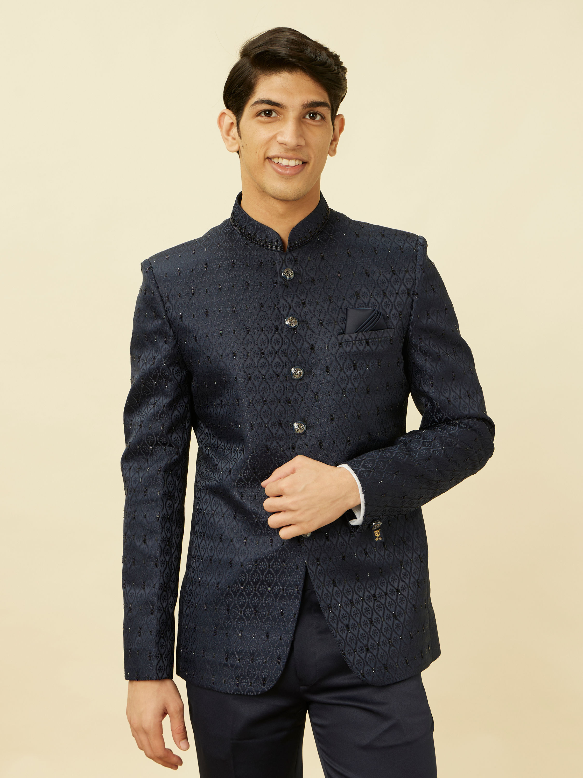 Manyavar Men Sapphire Blue Ogee Patterned Suit