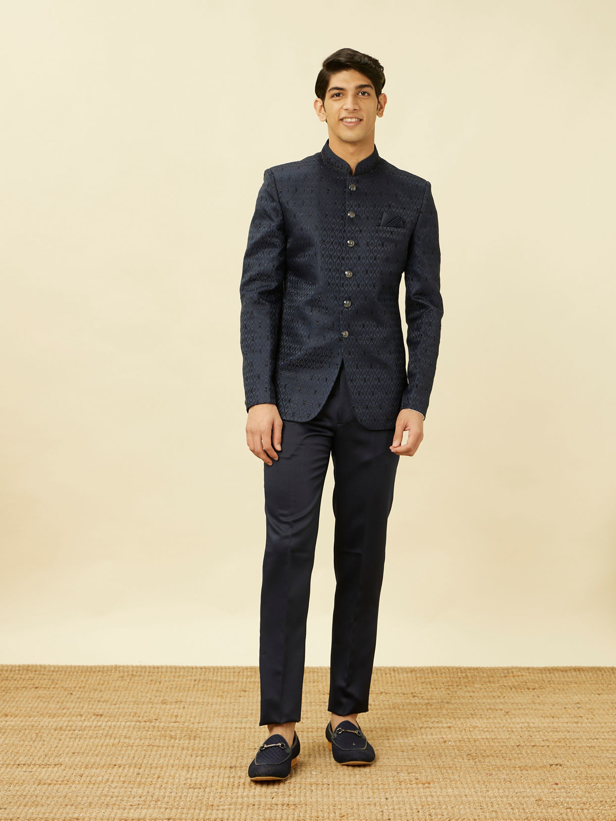 Manyavar Men Sapphire Blue Ogee Patterned Suit