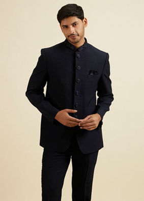 alt message - Manyavar Men Dark Blue Embroidered Neckline Jodhpuri Set image number 0