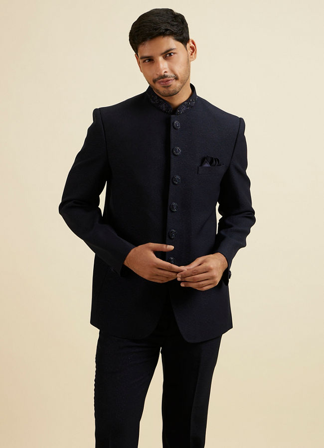 alt message - Manyavar Men Dark Blue Embroidered Neckline Jodhpuri Set image number 0