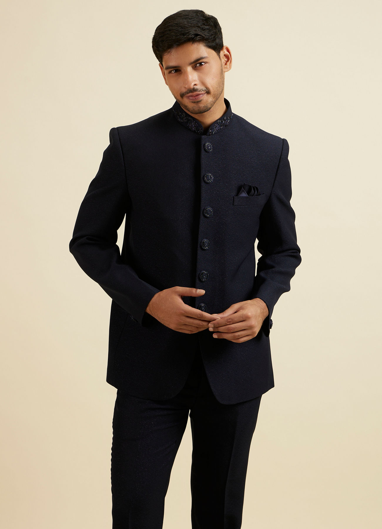 Manyavar Men Dark Blue Embroidered Neckline Jodhpuri Set