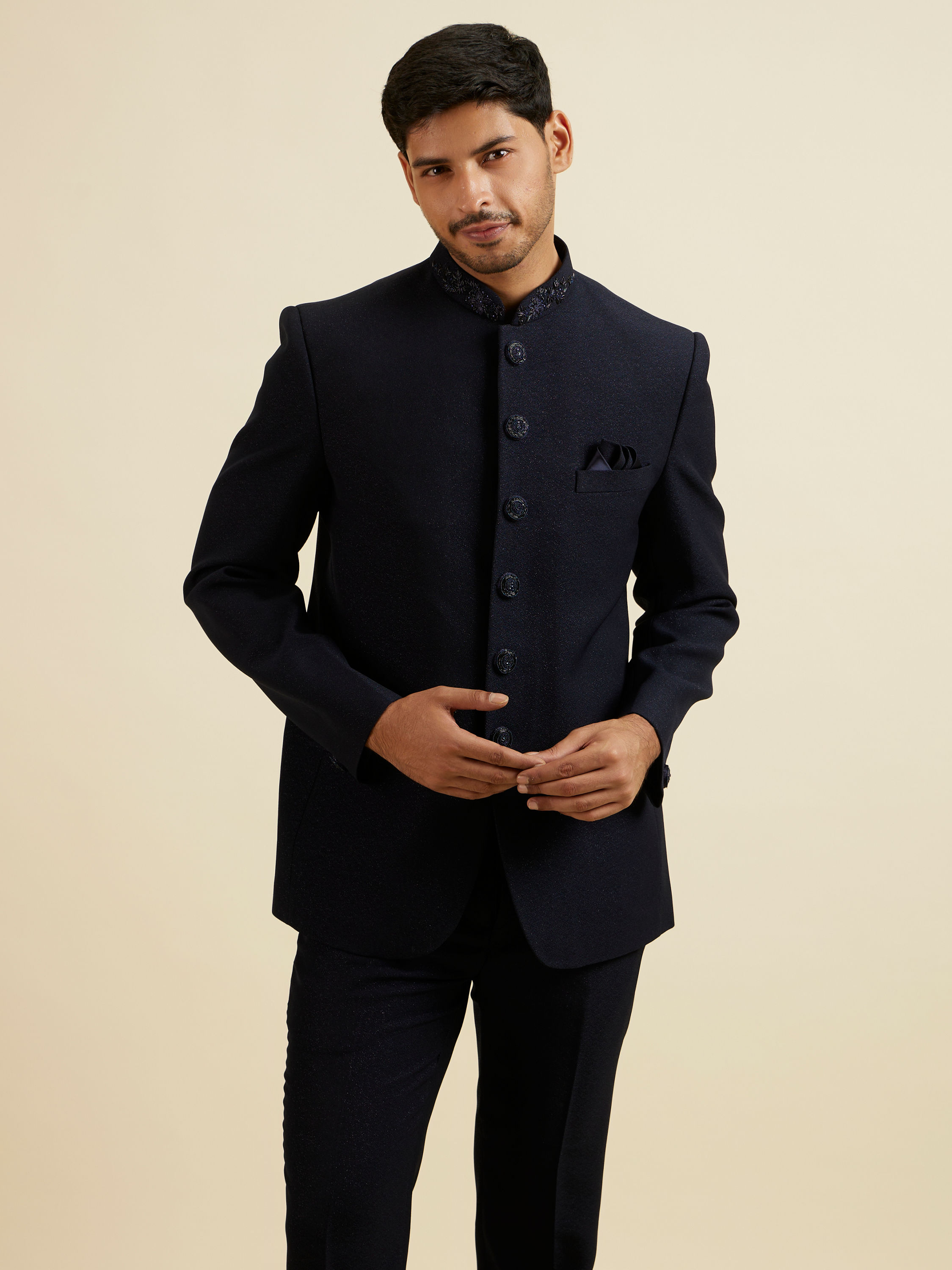 Manyavar Men Dark Blue Embroidered Neckline Jodhpuri Set