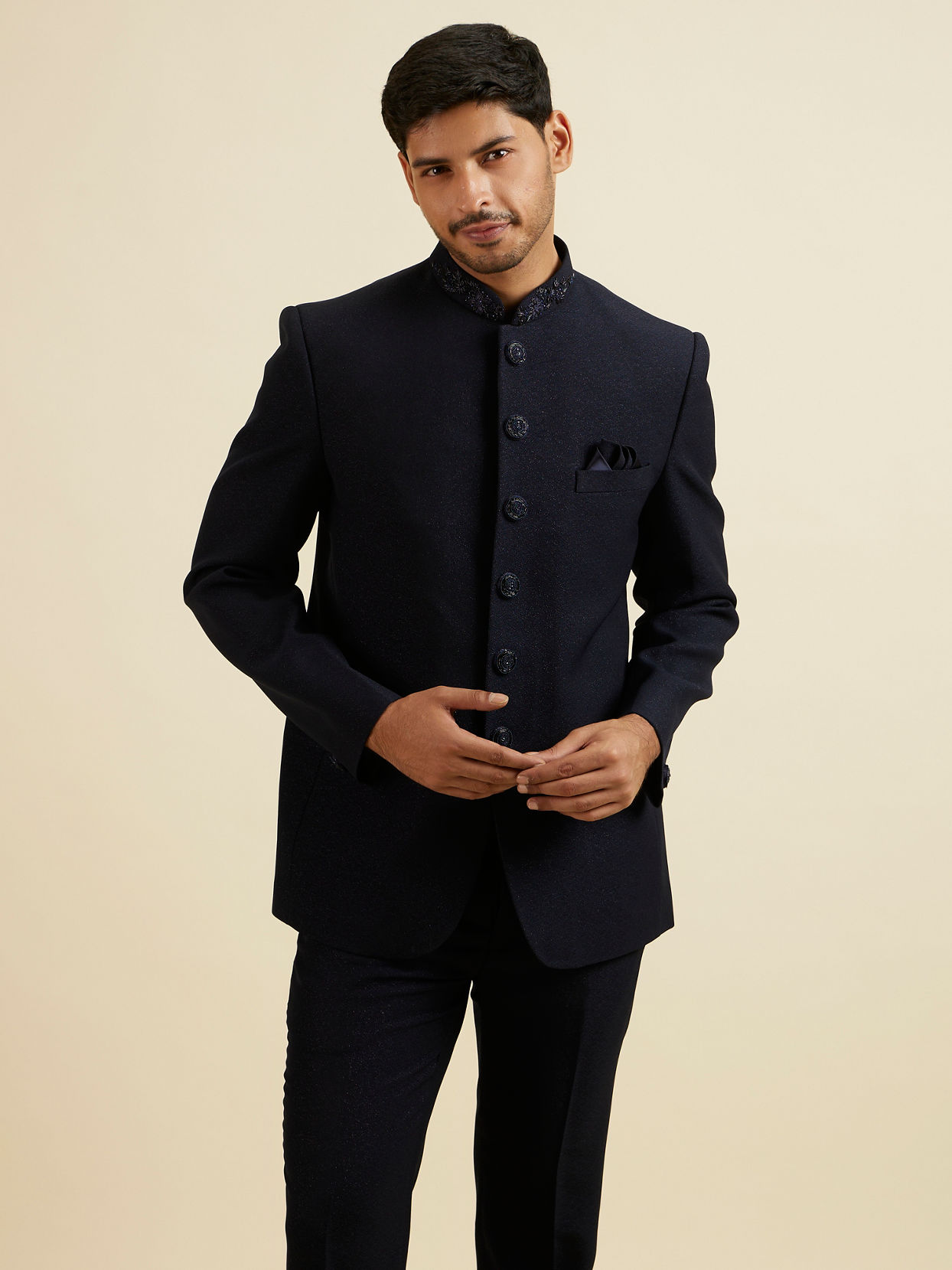 alt message - Manyavar Men Dark Blue Embroidered Neckline Jodhpuri Set image number 0