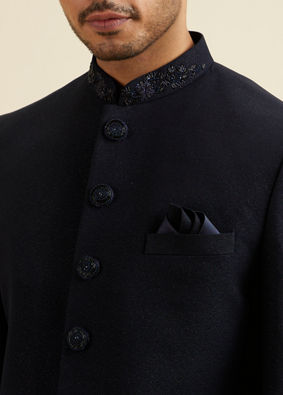 alt message - Manyavar Men Dark Blue Embroidered Neckline Jodhpuri Set image number 1