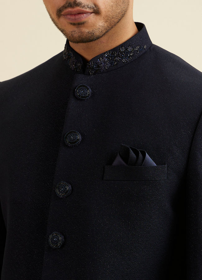 alt message - Manyavar Men Dark Blue Embroidered Neckline Jodhpuri Set image number 1