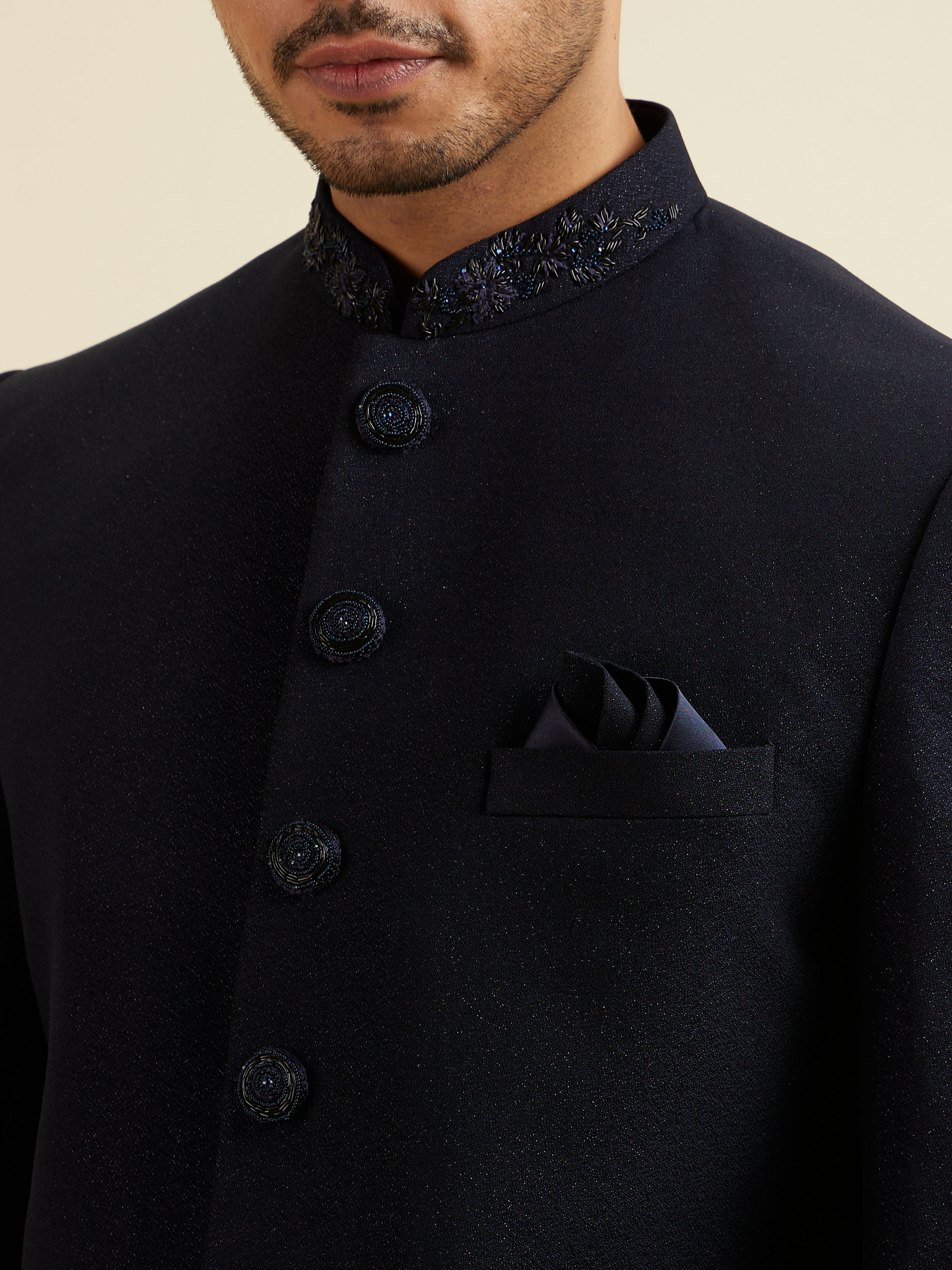 Manyavar Men Dark Blue Embroidered Neckline Jodhpuri Set