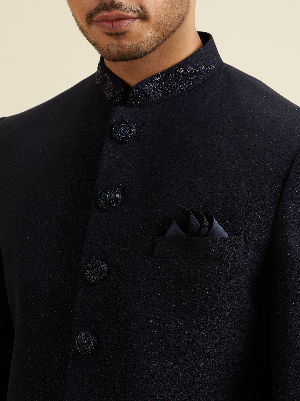 alt message - Manyavar Men Dark Blue Embroidered Neckline Jodhpuri Set image number 1