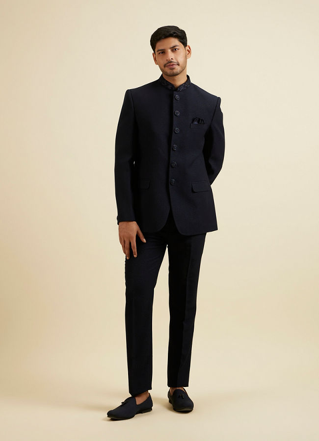 Manyavar Men Dark Blue Embroidered Neckline Jodhpuri Set