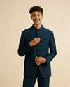 Manyavar Men Teal Blue Embroidered Neckline Jodhpuri Set