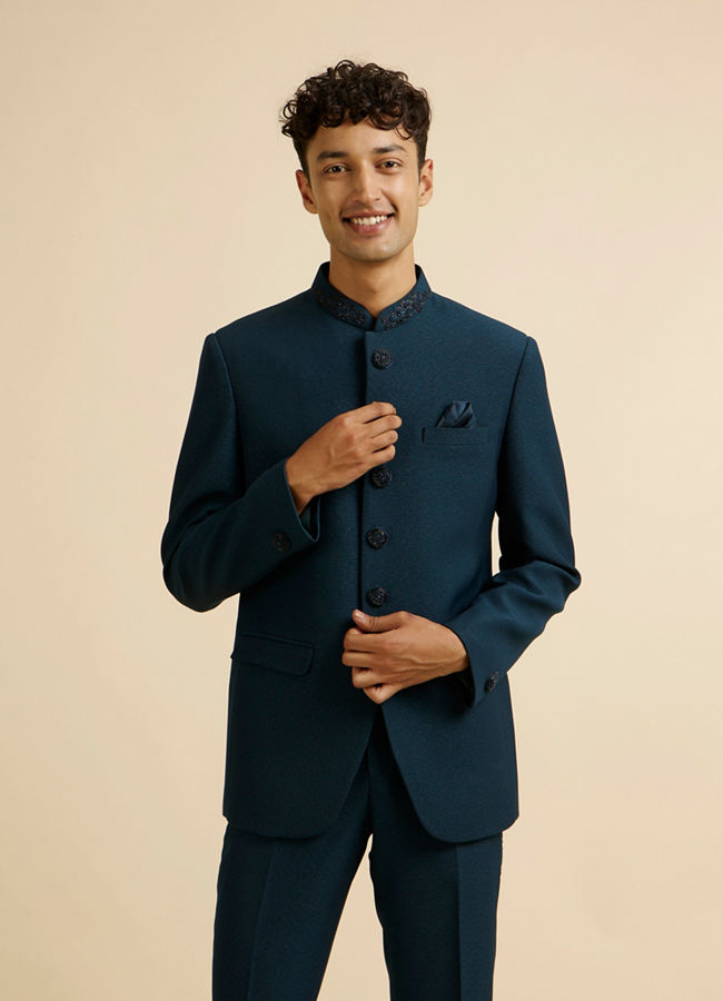Manyavar Men Teal Blue Embroidered Neckline Jodhpuri Set