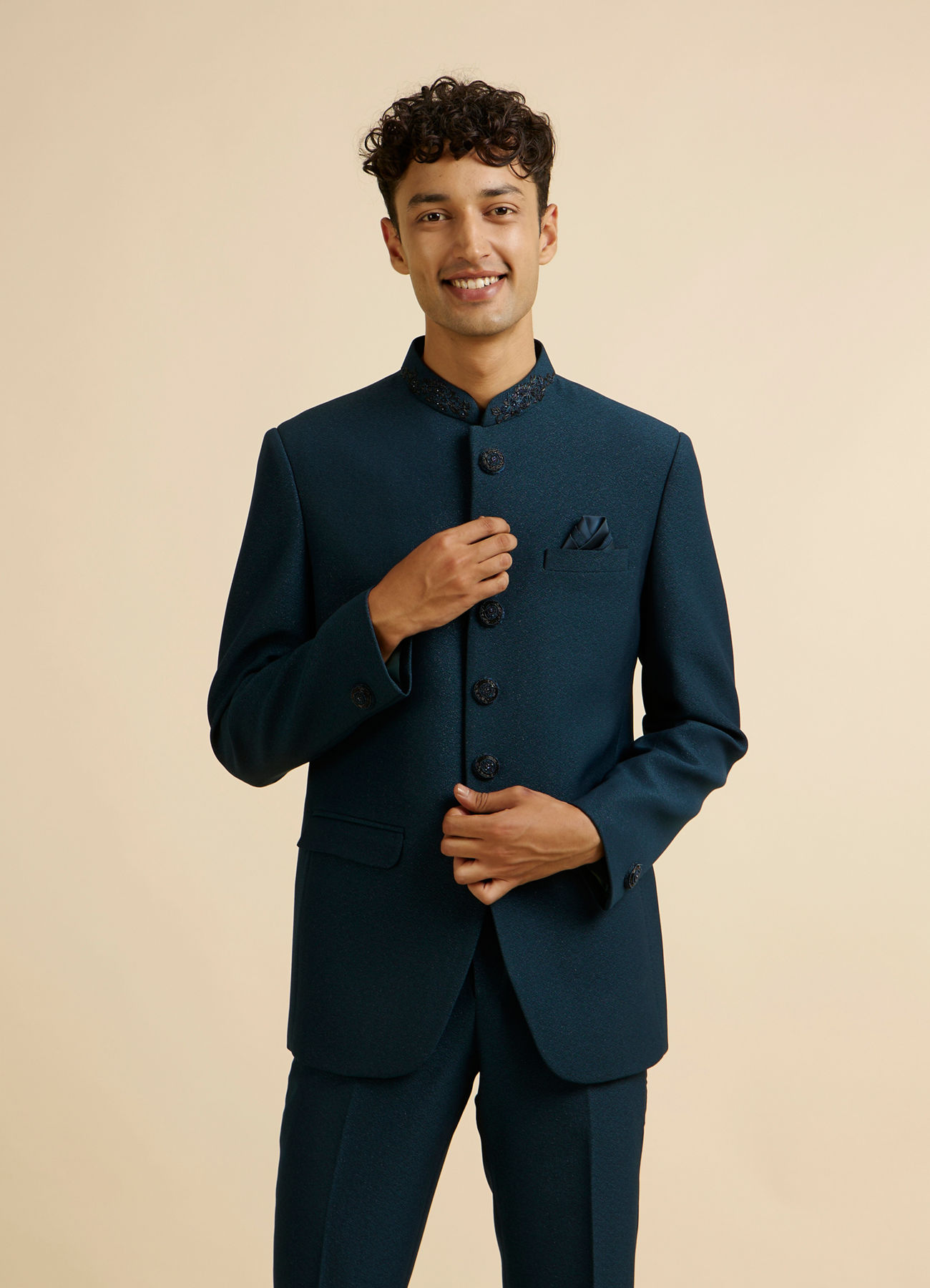 Manyavar Men Teal Blue Embroidered Neckline Jodhpuri Set