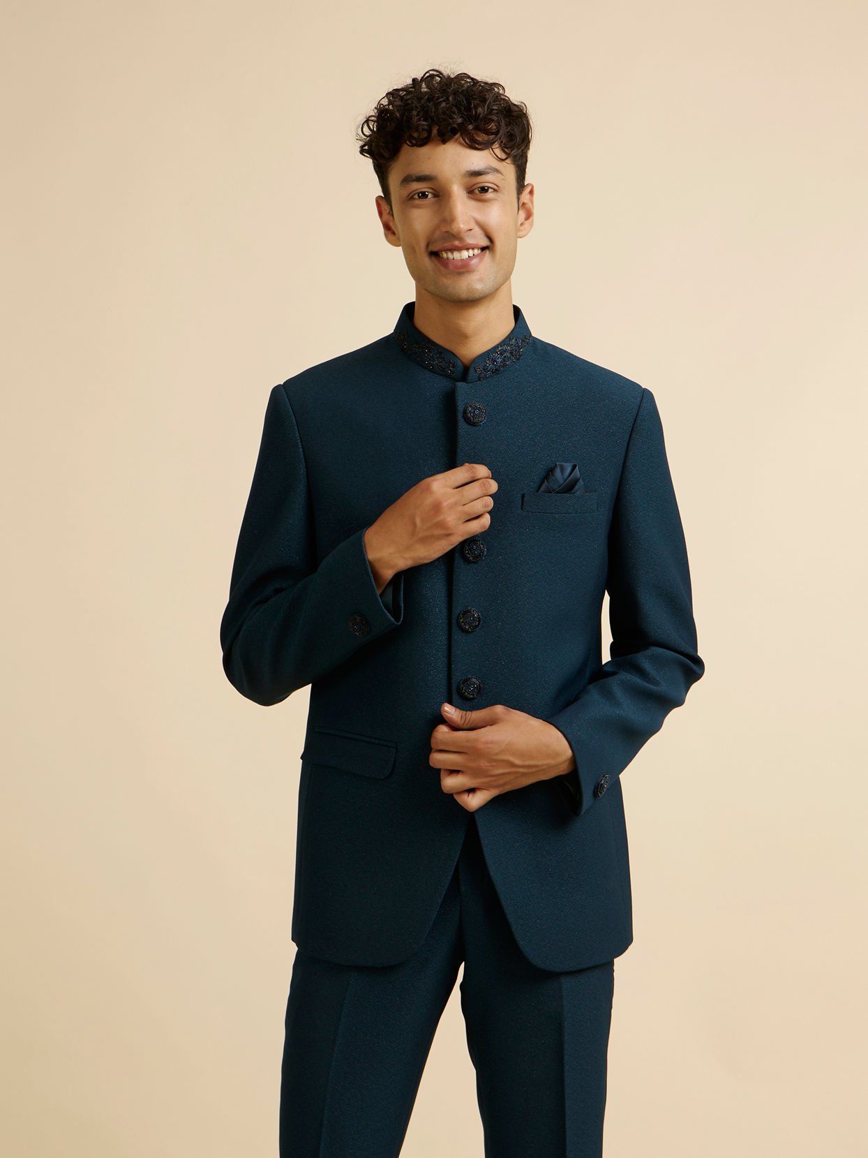 alt message - Manyavar Men Teal Blue Embroidered Neckline Jodhpuri Set image number 0