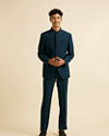 Manyavar Men Teal Blue Embroidered Neckline Jodhpuri Set