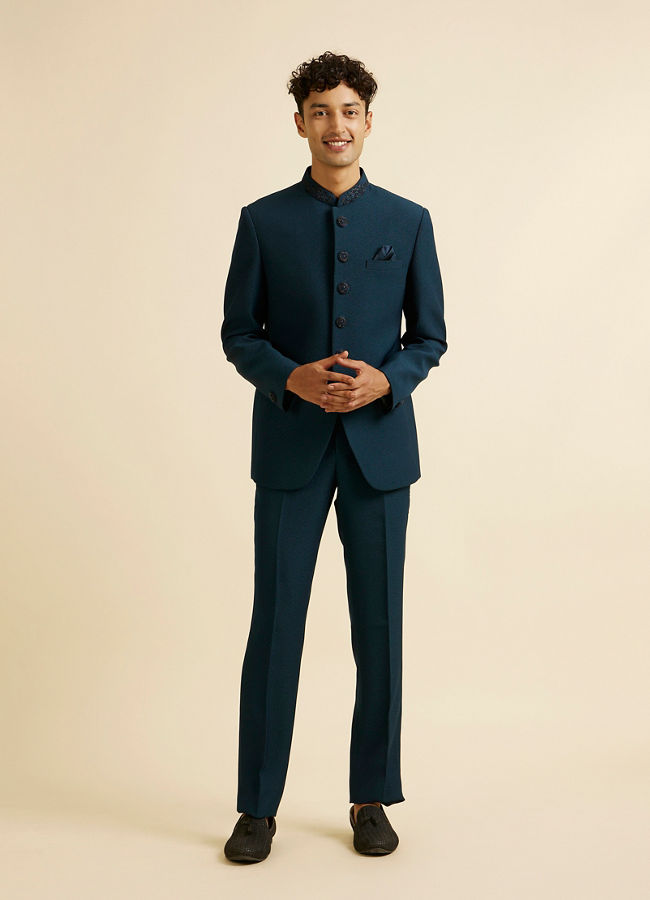 Manyavar Men Teal Blue Embroidered Neckline Jodhpuri Set