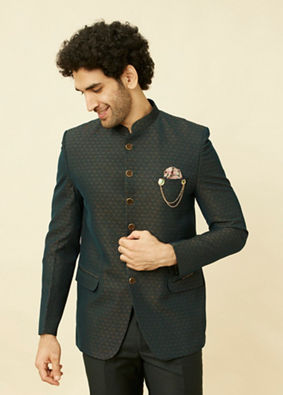 alt message - Manyavar Men Deep Green Lily Motif Jaal Patterned Jodhpuri Suit image number 0