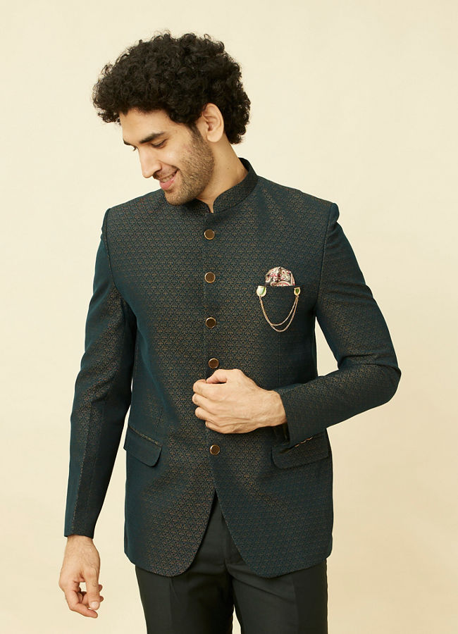 alt message - Manyavar Men Deep Green Lily Motif Jaal Patterned Jodhpuri Suit image number 0