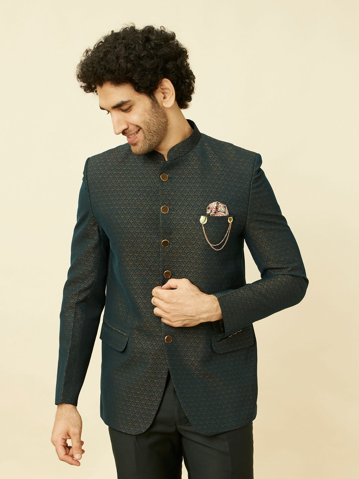 Manyavar Men Deep Green Lily Motif Jaal Patterned Jodhpuri Suit