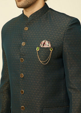 Manyavar Men Deep Green Lily Motif Jaal Patterned Jodhpuri Suit