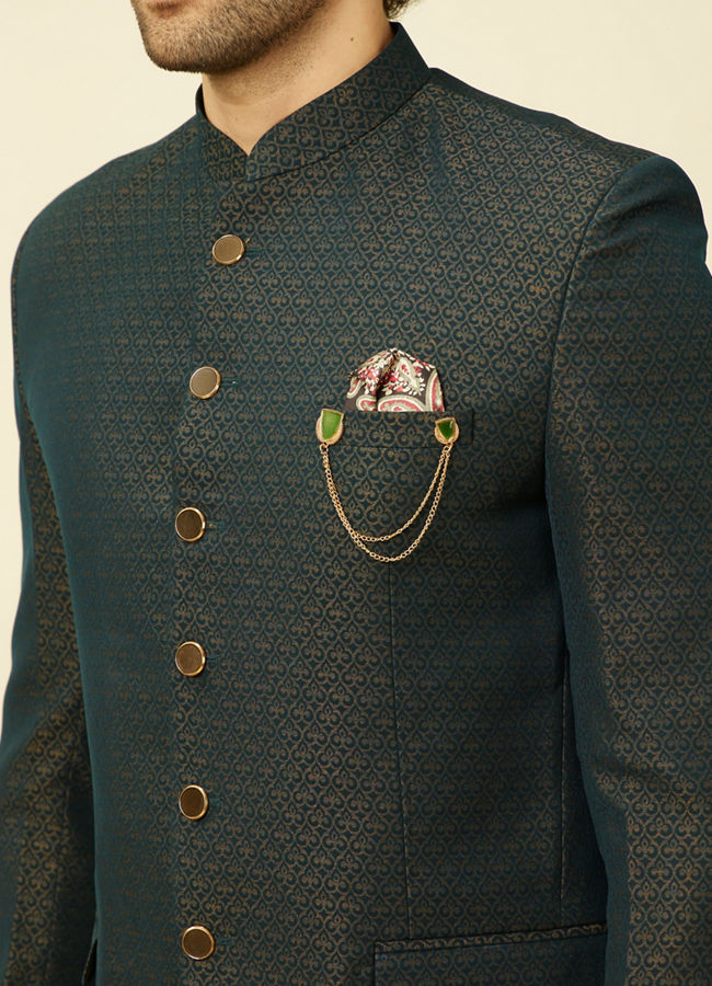 Deep Green Lily Motif Jaal Patterned Jodhpuri Suit image number 1