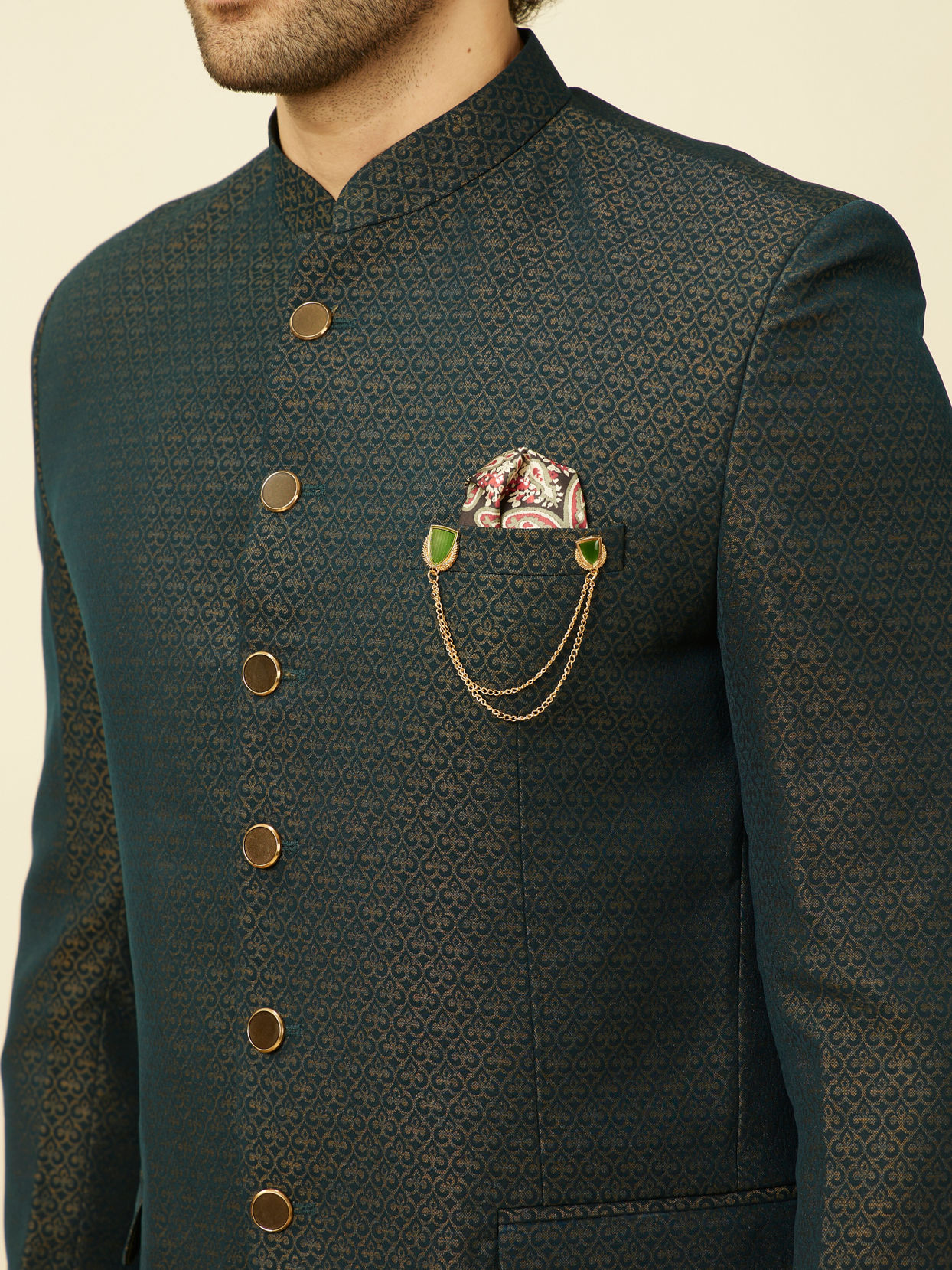 alt message - Manyavar Men Deep Green Lily Motif Jaal Patterned Jodhpuri Suit image number 1