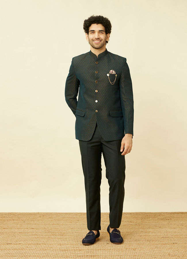 alt message - Manyavar Men Deep Green Lily Motif Jaal Patterned Jodhpuri Suit image number 2