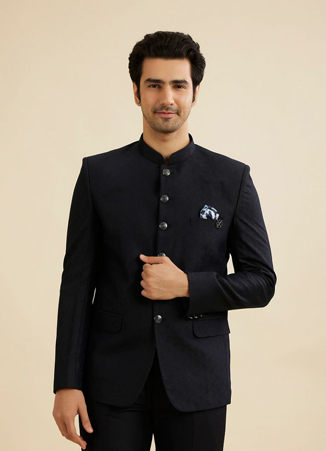 Manyavar Men Elegant Dark Blue Brocade Suit Set