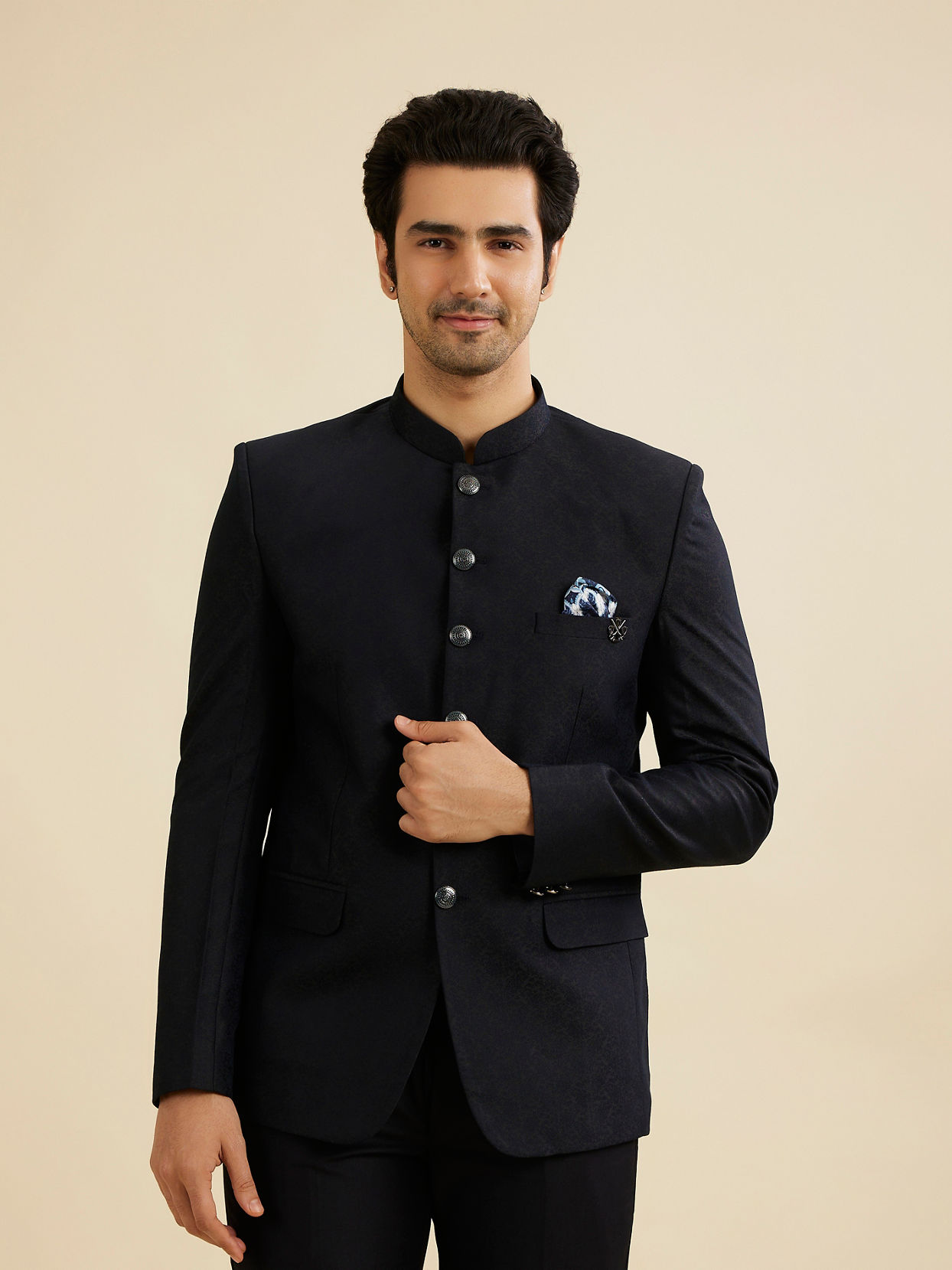 Manyavar Men Elegant Dark Blue Brocade Suit Set