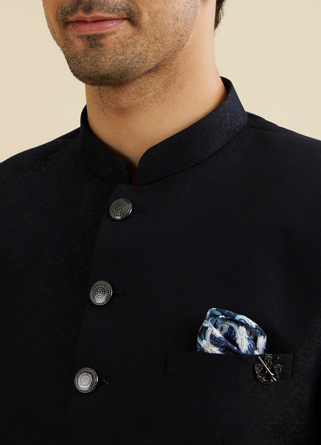 Manyavar Men Elegant Dark Blue Brocade Suit Set