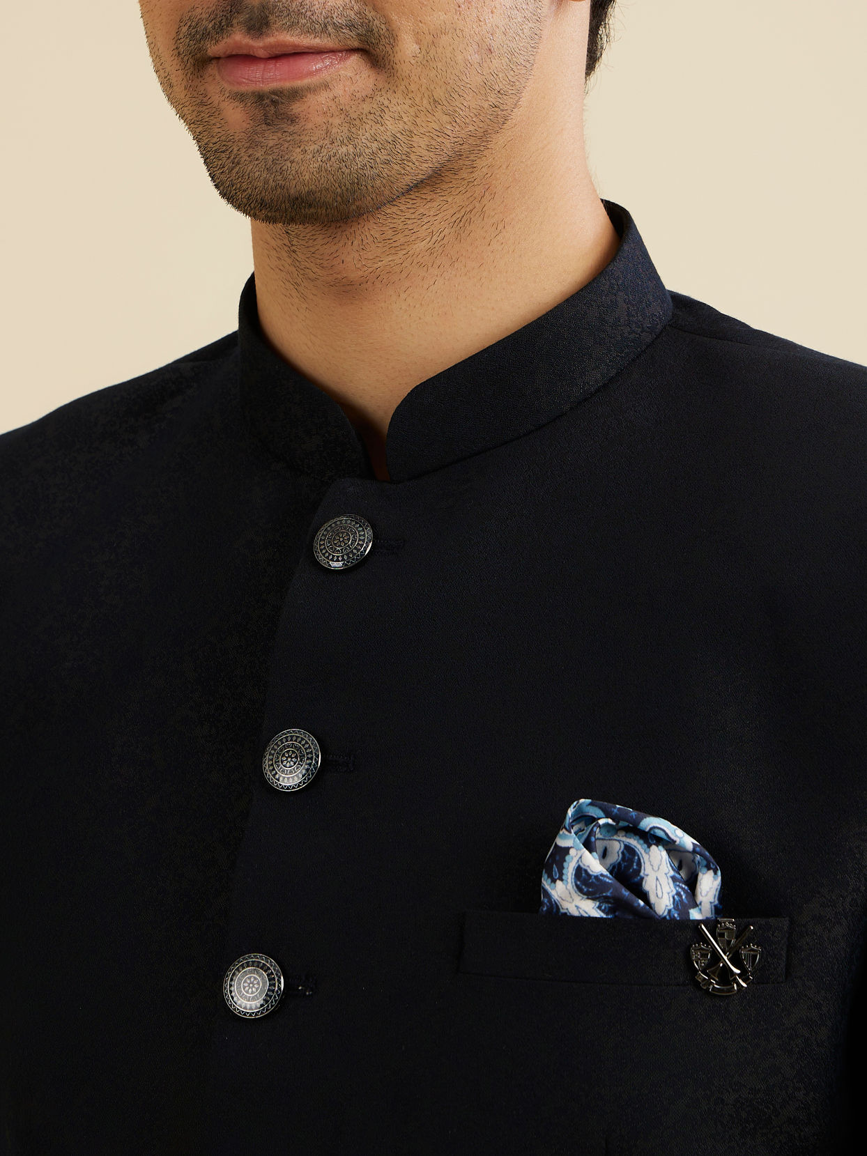 Manyavar Men Elegant Dark Blue Brocade Suit Set