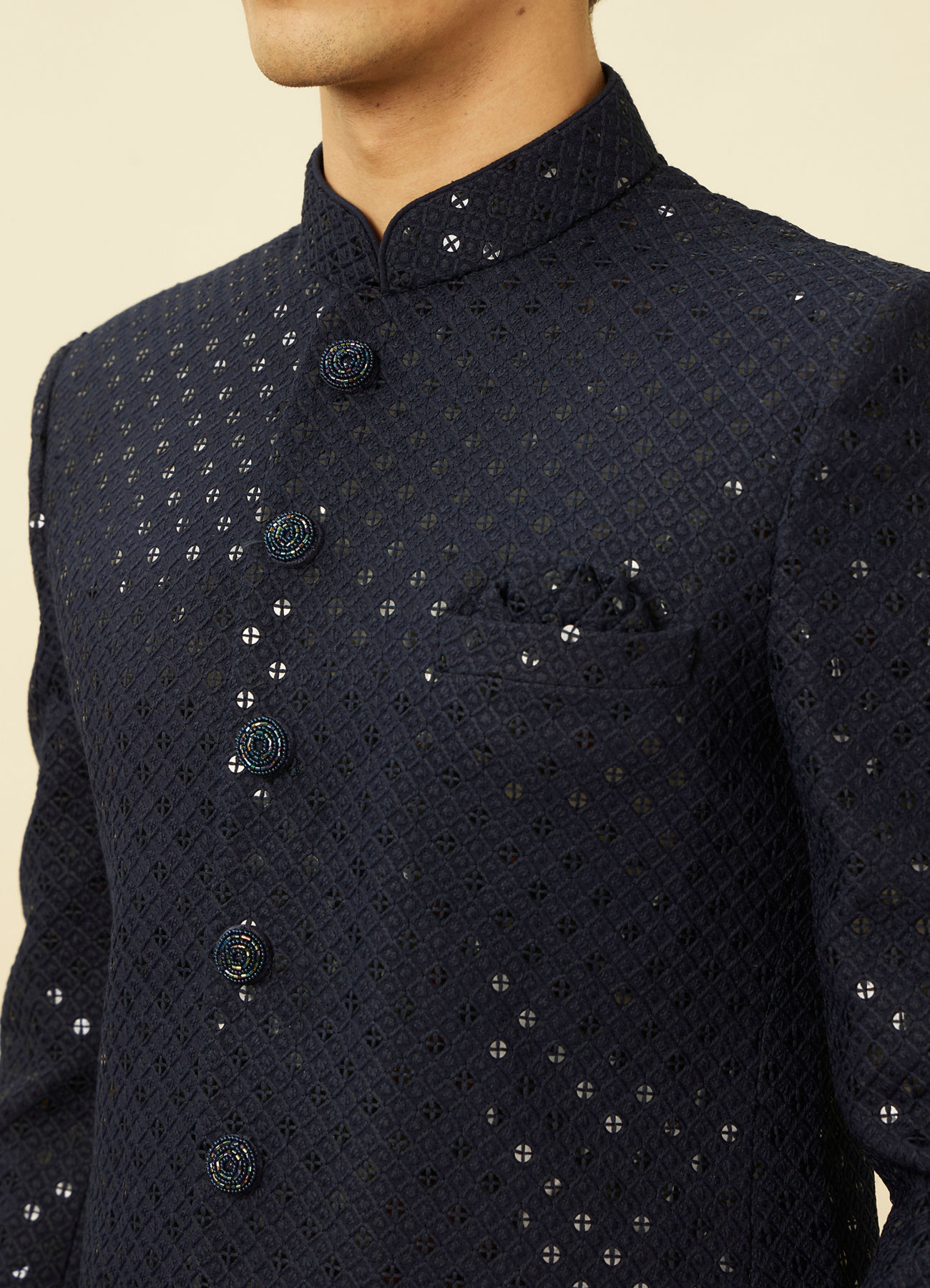 Manyavar Men Violet Blue Diamond Patterned Sequined Suit