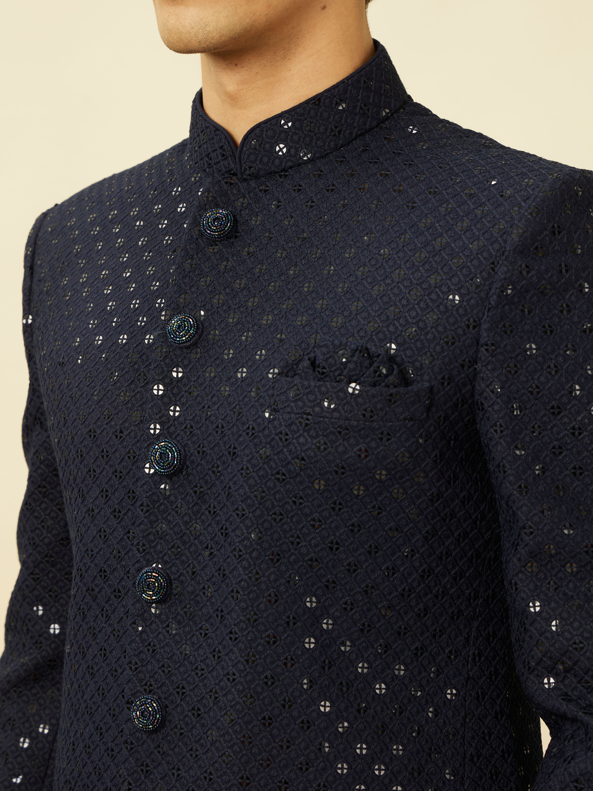 Manyavar Men Violet Blue Diamond Patterned Sequined Suit