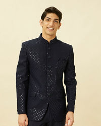 Manyavar Men Violet Blue Diamond Patterned Sequined Suit