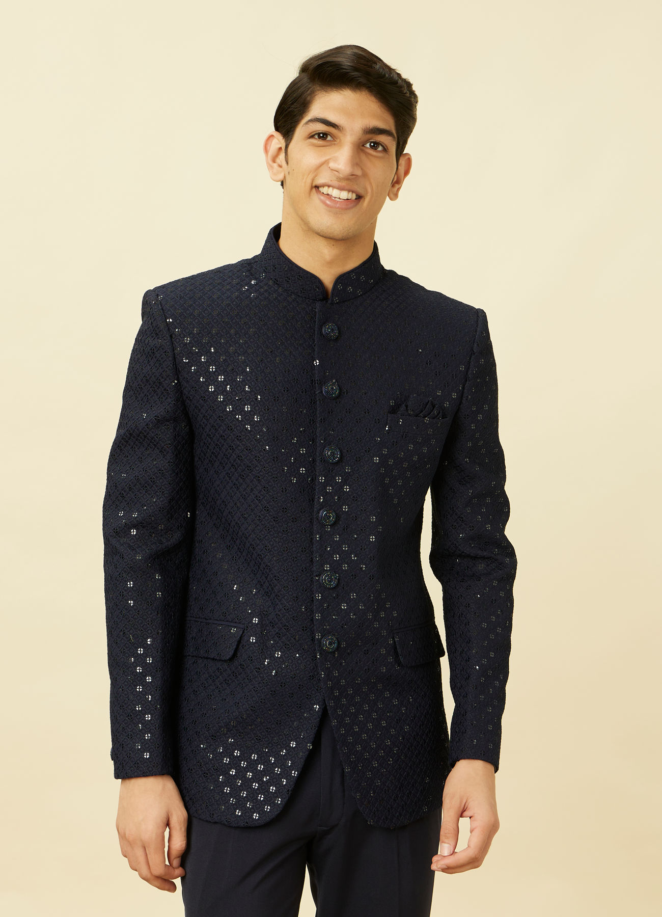 Manyavar Men Violet Blue Diamond Patterned Sequined Suit