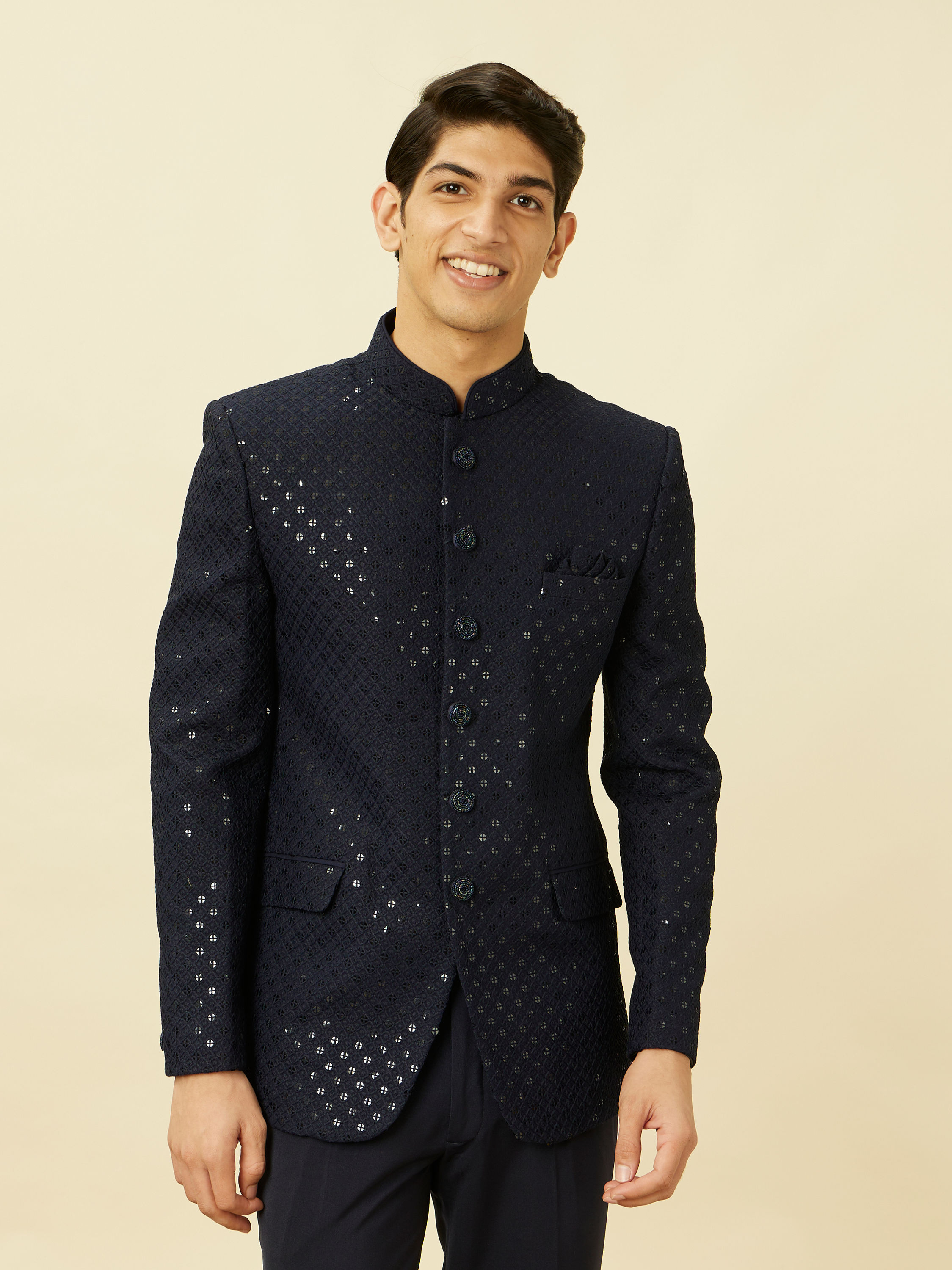 Manyavar Men Violet Blue Diamond Patterned Sequined Suit