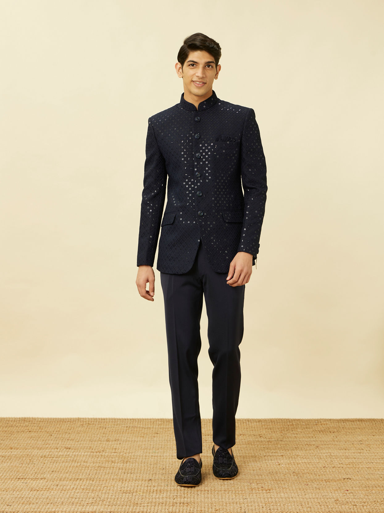 Manyavar Men Violet Blue Diamond Patterned Sequined Suit