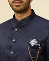 alt message - Manyavar Men Dark Blue Bel Buti Patterned Jodhpuri Suit image number 1