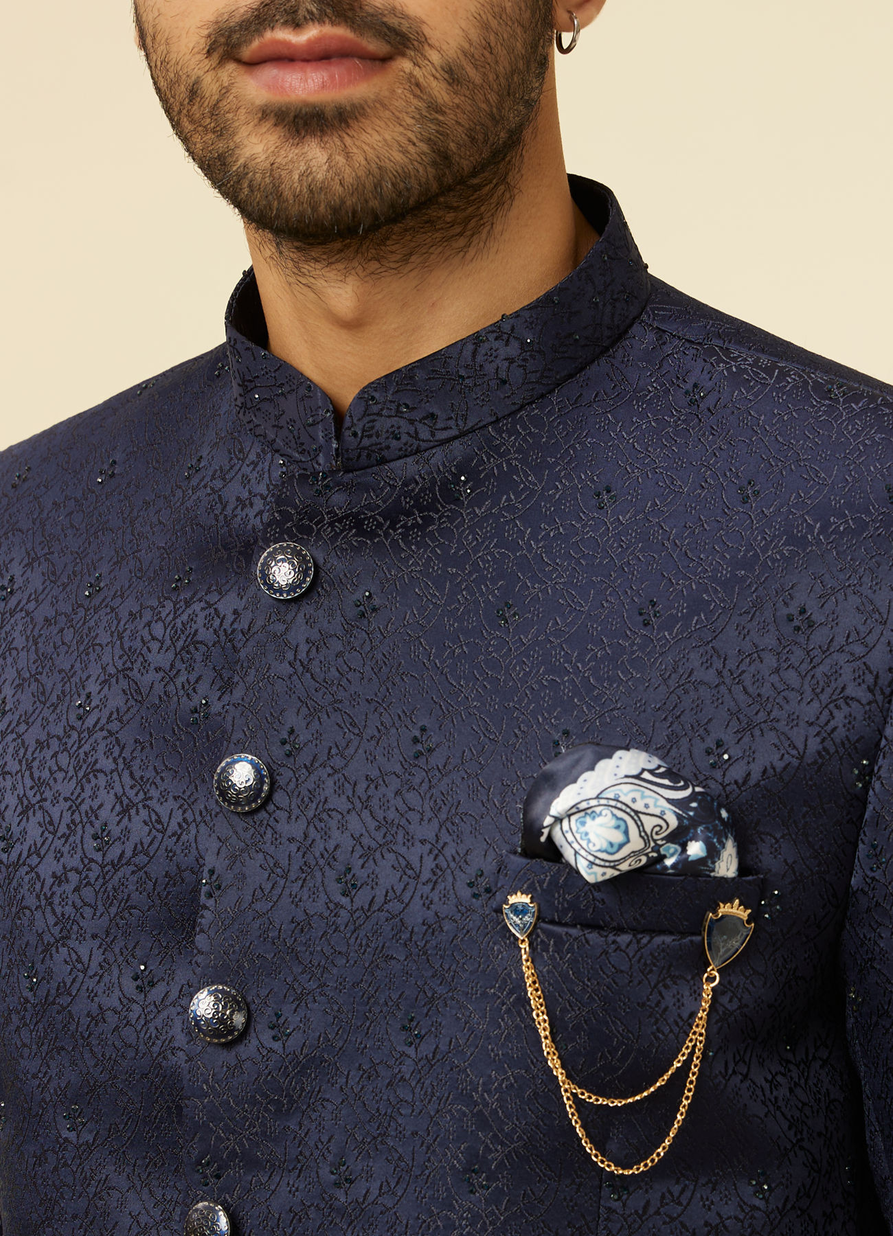 Manyavar Men Dark Blue Bel Buti Patterned Jodhpuri Suit