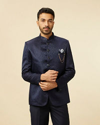 Manyavar Men Dark Blue Bel Buti Patterned Jodhpuri Suit