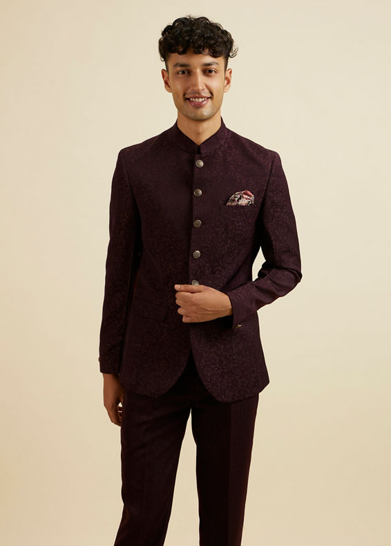 Manyavar Men Wine Bel Buti Patterned Jodhpuri Set