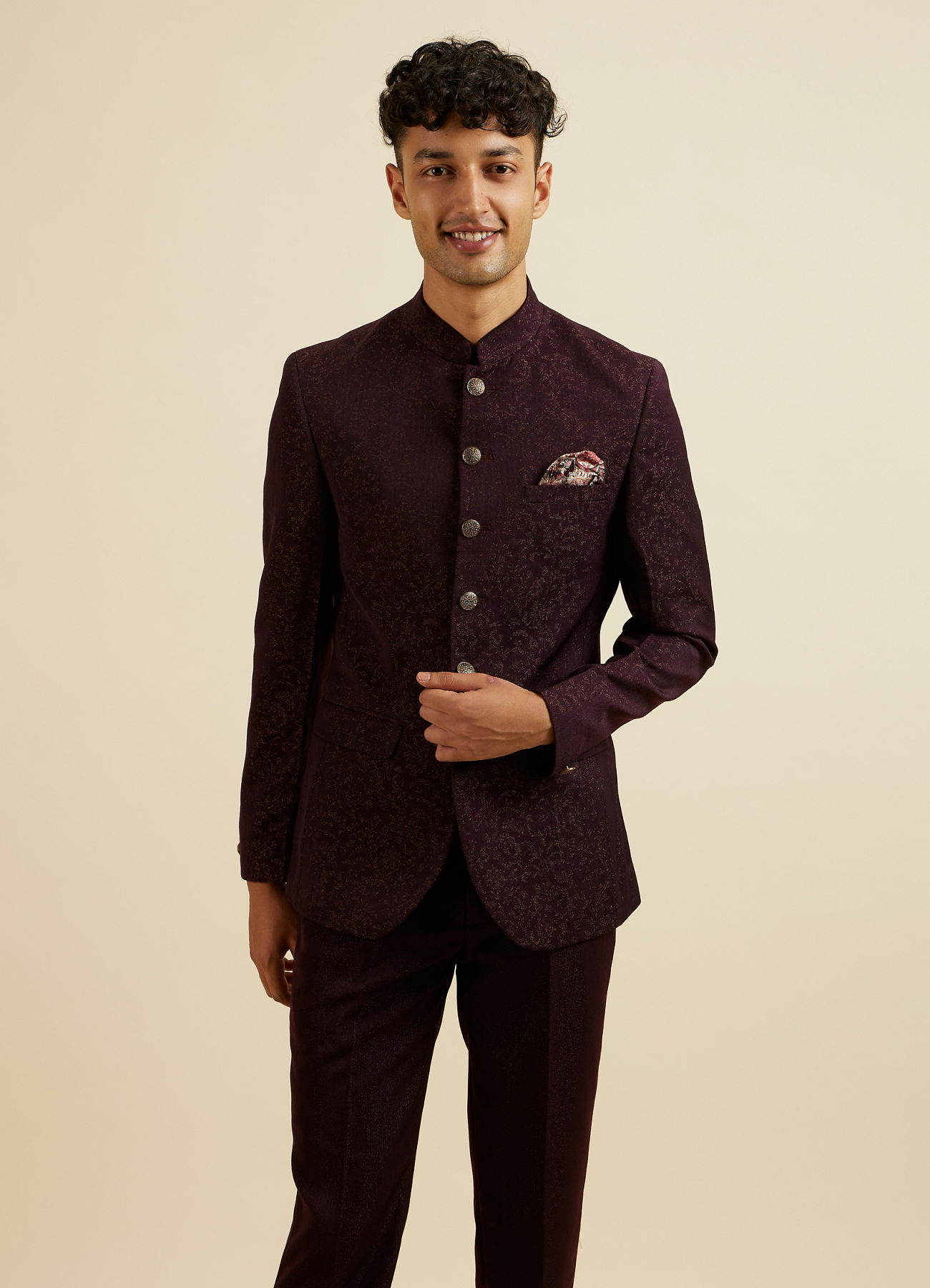 Manyavar Men Wine Bel Buti Patterned Jodhpuri Set