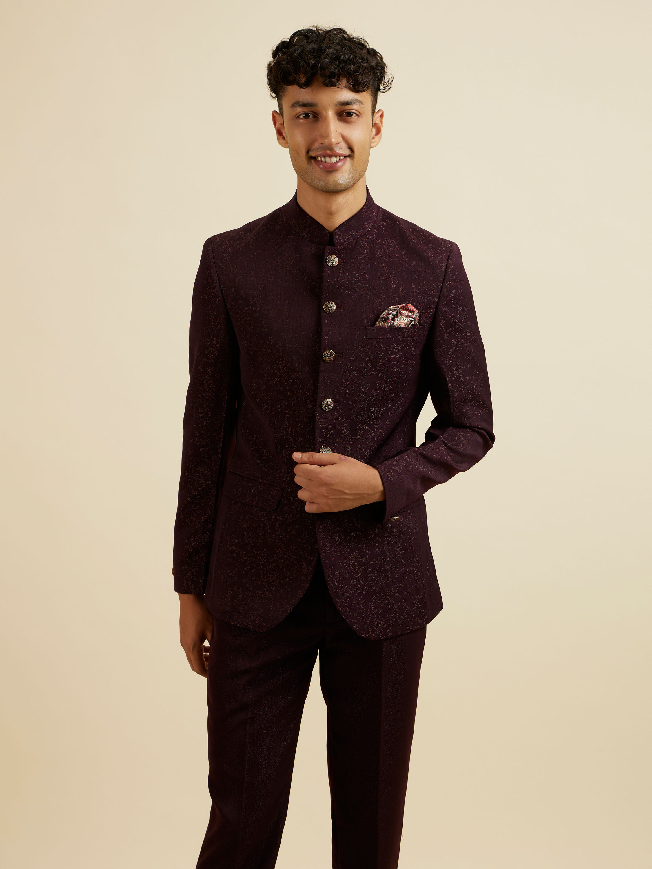 Manyavar Men Wine Bel Buti Patterned Jodhpuri Set