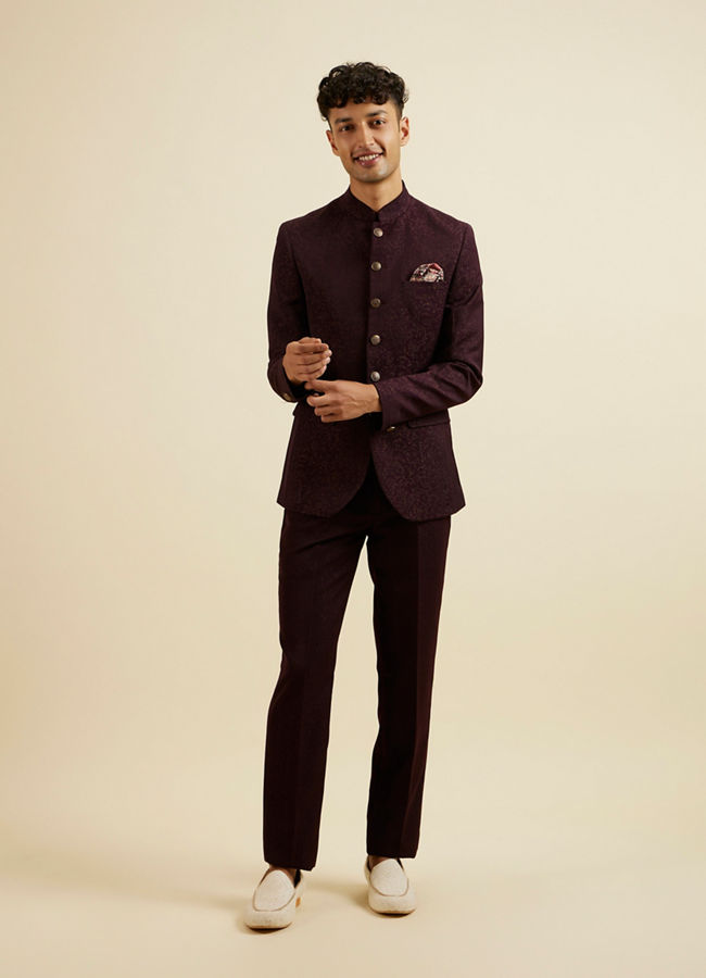 Manyavar Men Wine Bel Buti Patterned Jodhpuri Set