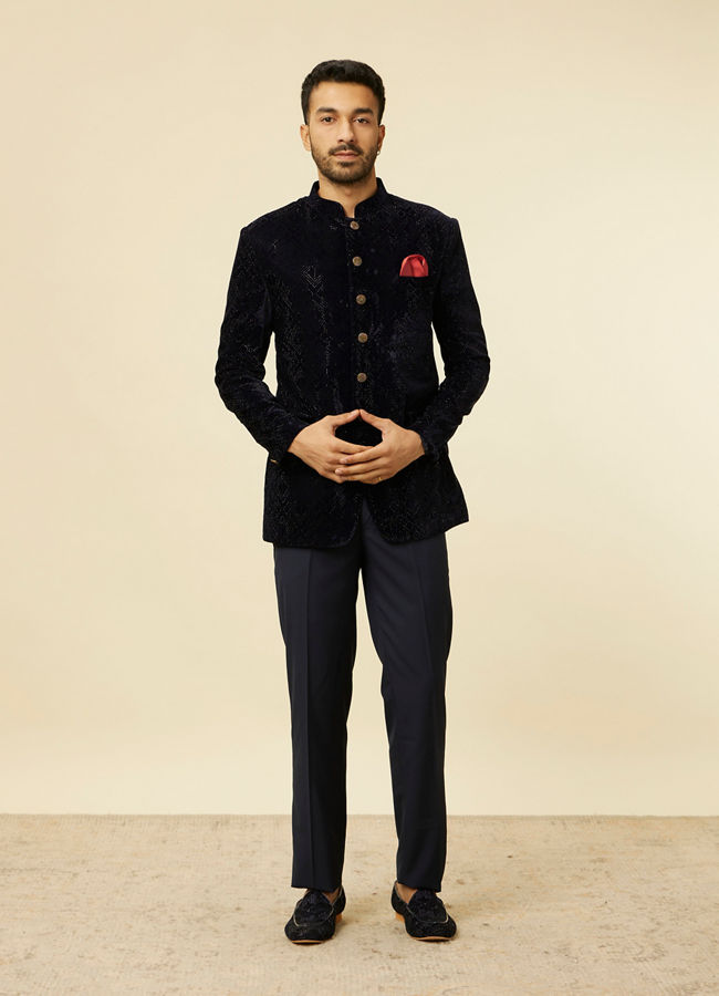 alt message - Manyavar Men Dark Blue Rhinestone Embellished Suit image number 3