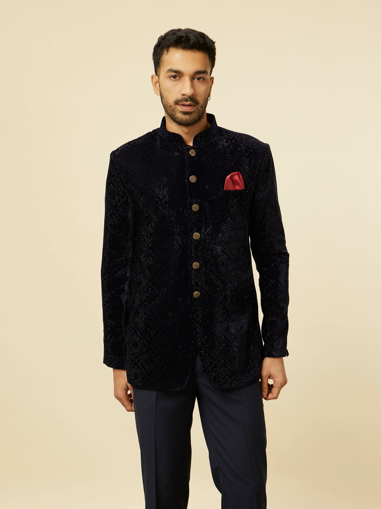 alt message - Manyavar Men Dark Blue Rhinestone Embellished Suit image number 0