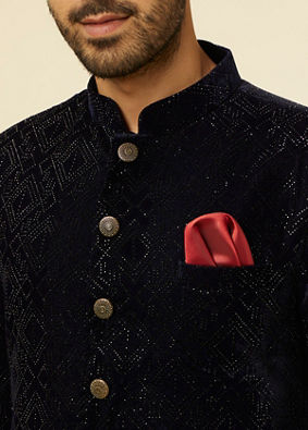 Manyavar Men Dark Blue Rhinestone Embellished Suit