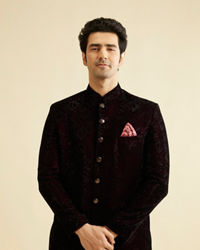 Manyavar Men Wine Rhinestone Embellished Jodhpuri Suit