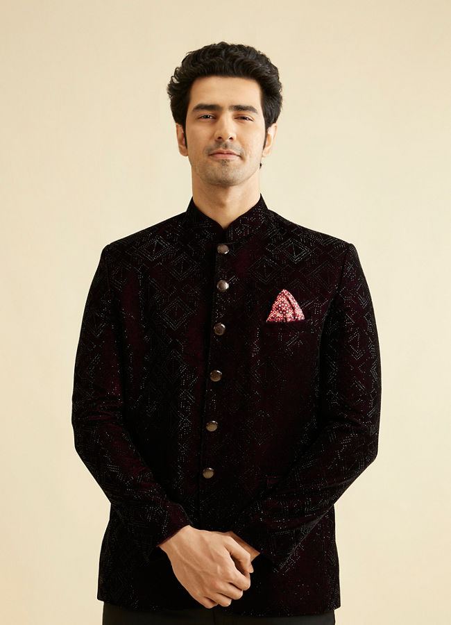 Manyavar Men Wine Rhinestone Embellished Jodhpuri Suit
