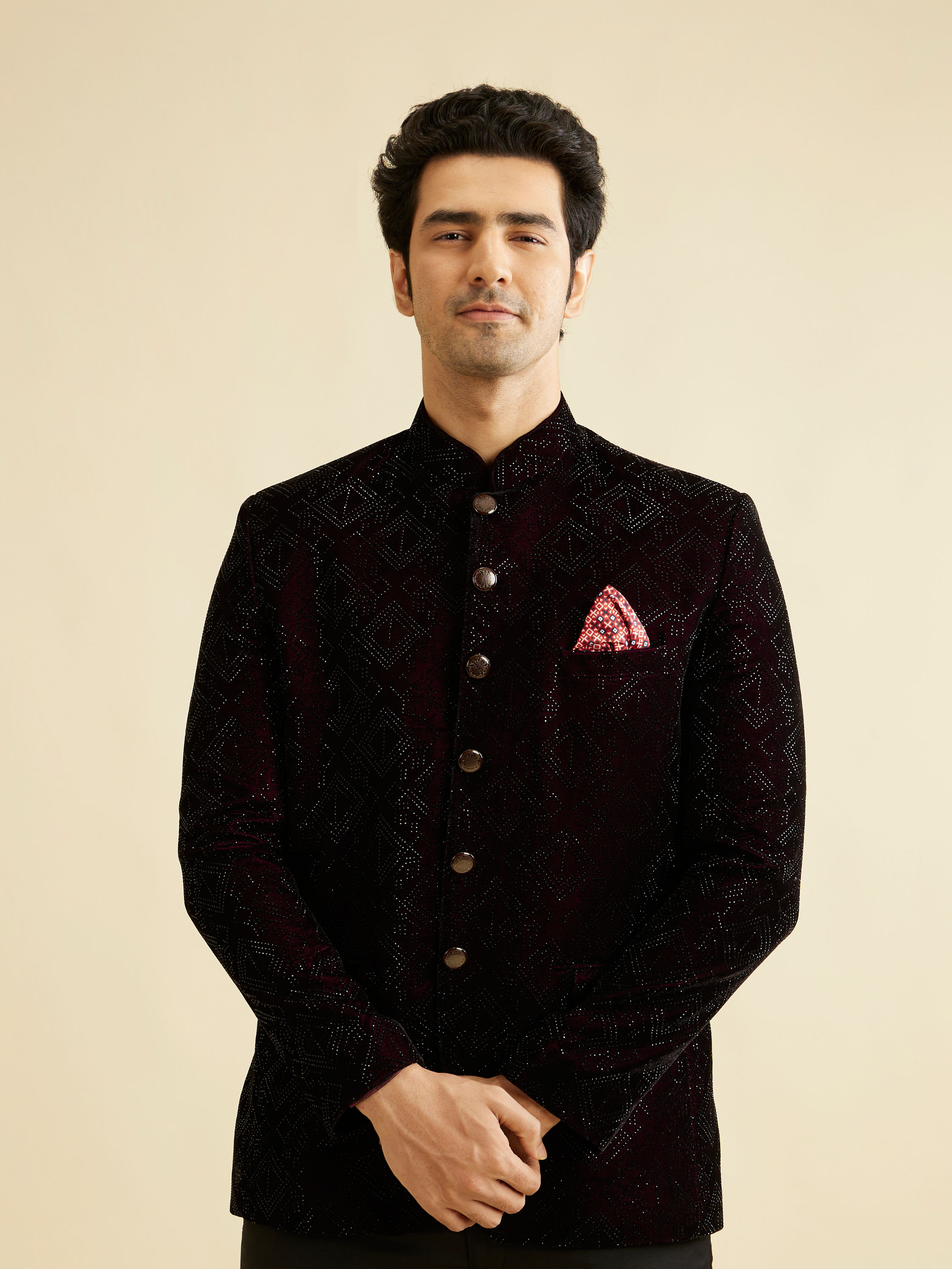 Manyavar Men Wine Rhinestone Embellished Jodhpuri Suit